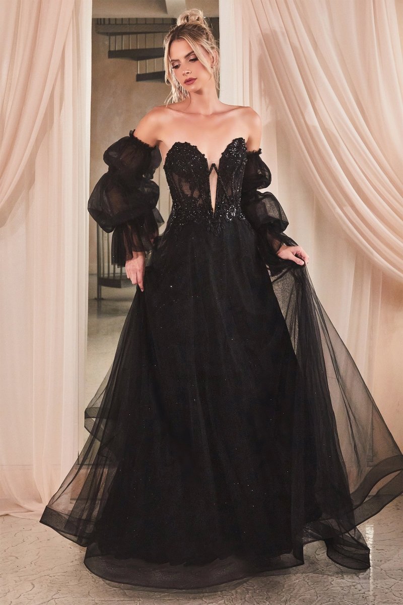 black satin dress with long sleeves Modest Formal Satin Dress G531 Black main image 1