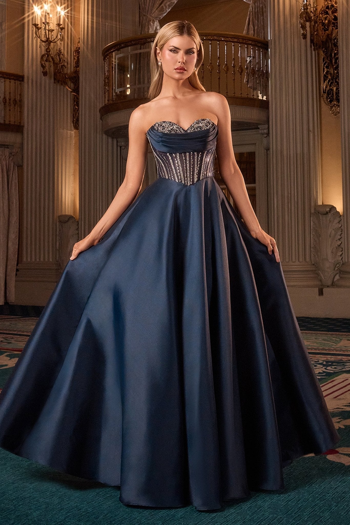 cinderella divine navy blue dress Cinderella Divine -CDS503 Beaded Chiffon A-Line Dress