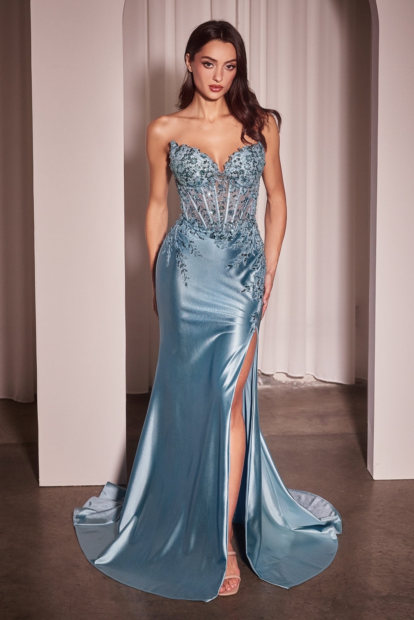 cinderella divine kv1116 fitted lace long formal slit prom dress LaDivine KV1116 Long Formal Fitted Lace Applique Prom Evening Dress The Dress Outlet
