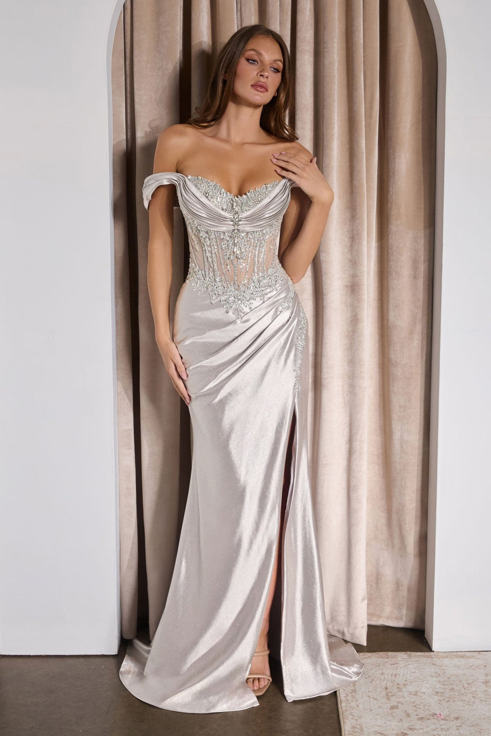 navy blue dress for baby girl Wedtrend Women Sparkly Silver Prom Dress A-Line Off The Shoulder Tiered Long Party Dress with Slit, Silver / US26W main image 1