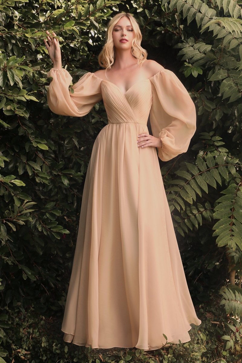 cinderella divine cd243 off shoulder long sleeve formal prom dress Cinderella Divine CD243 Women's Formal Evening & Wedding Guest Dress - Champagne
