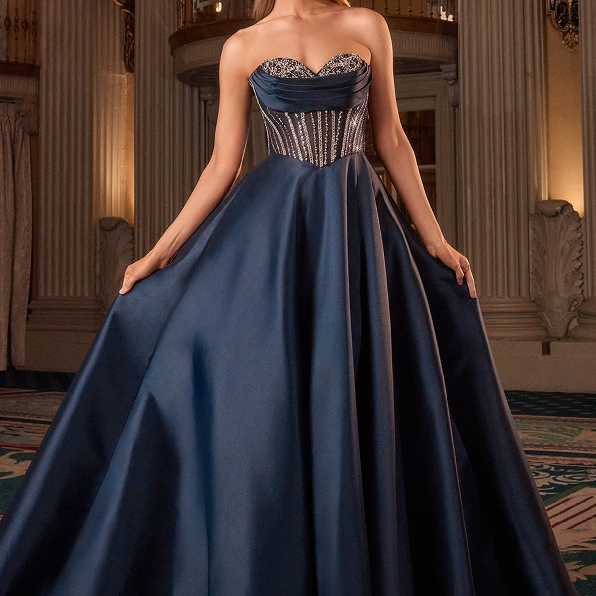 navy blue cinderella dress Cinderella Divine -7447 Soft satin V-neckline Gown